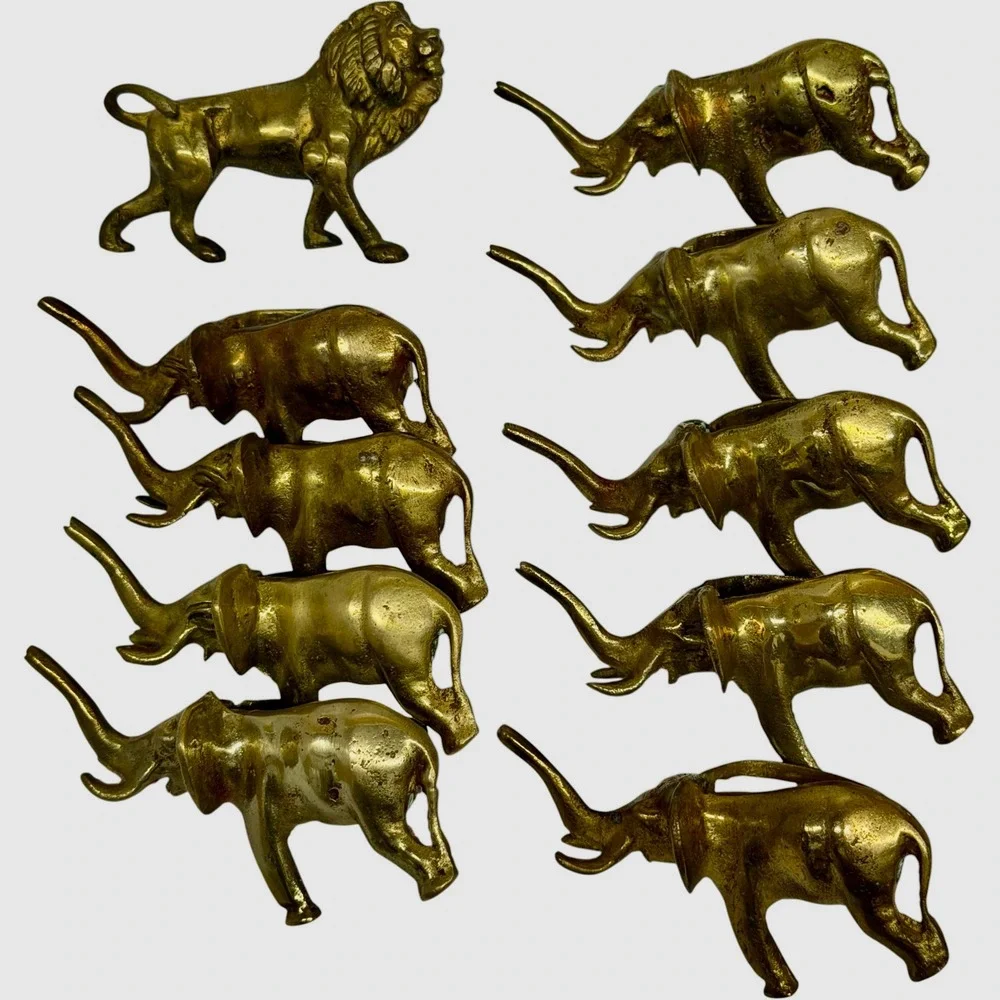 Vintage Brass Elephant and Lion Napkin Rings Set of 10 Made in India Gold Tone